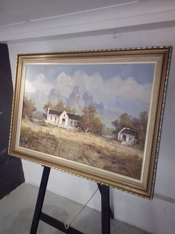 Renowned 20th-C SA Artist Paul Ascot Oil on Board `Farmhouse & Mountains Signed