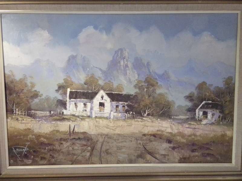 Renowned 20th-C SA Artist Paul Ascot Oil on Board `Farmhouse & Mountains Signed