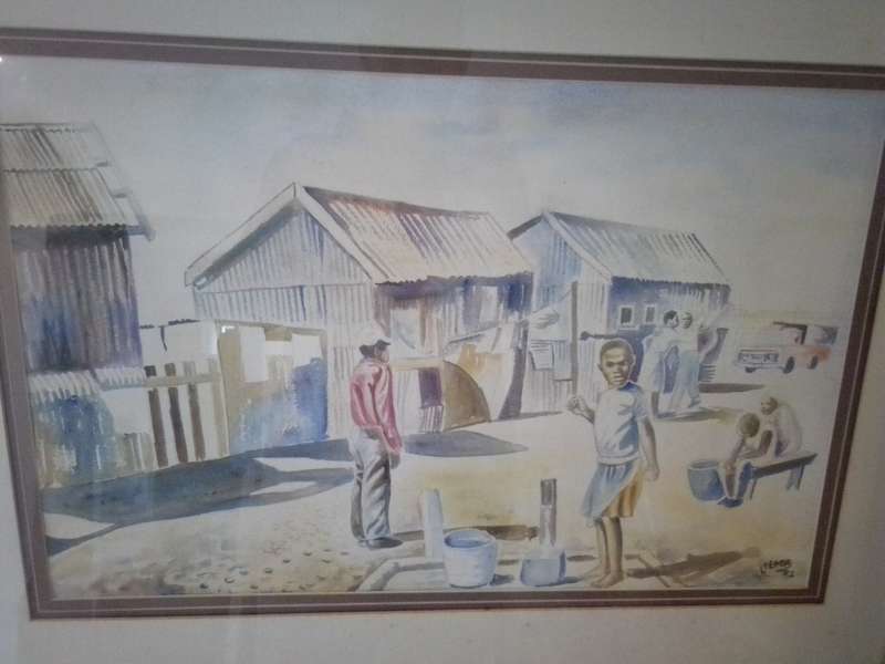 Popular SA Artist Lizo Pemba 1958 - Watercolor 'Informal Settlement Signed 92