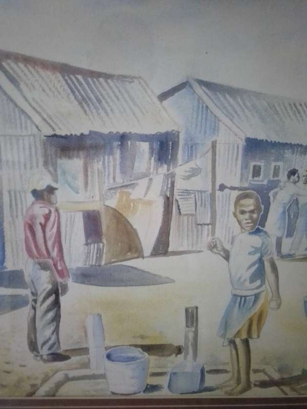 Popular SA Artist Lizo Pemba 1958 - Watercolor 'Informal Settlement Signed 92