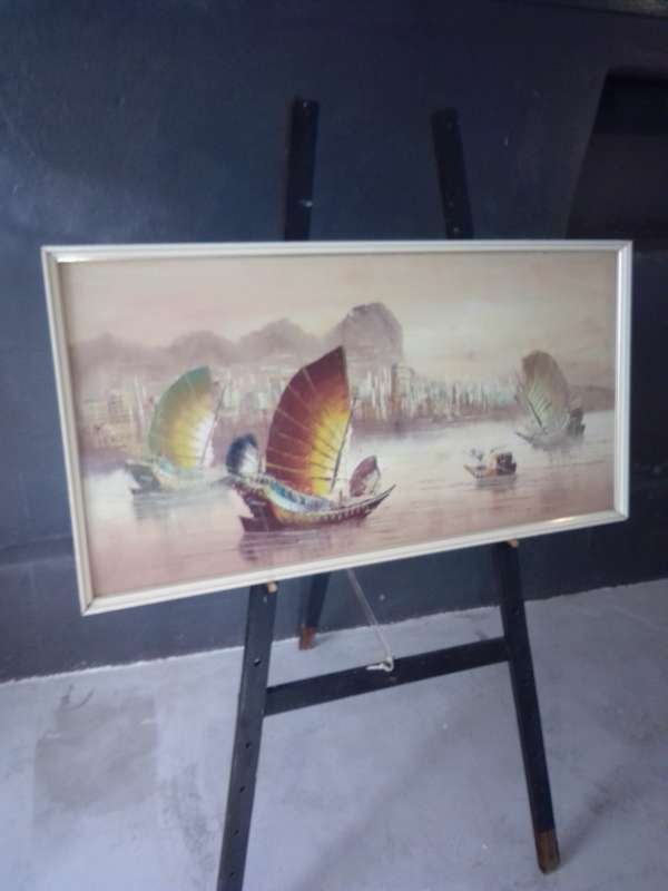 Large Original Oil on Canvas `Boats in Harbour Hong Kong` Signed (Chinese Signature)