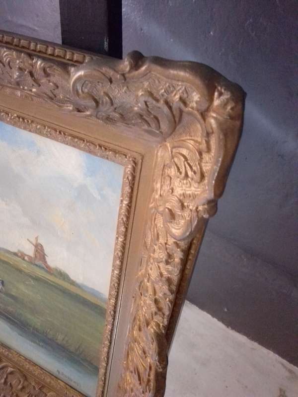 Victorian Era Oil on Canvas 'Dutch River Scene' Signed A. Roberti In Original Heavy Gold Gilt Frame