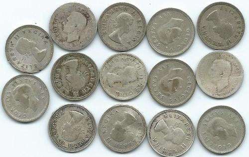 3 PENCE LOT OF 14 COINS 1943, (1951-1958)