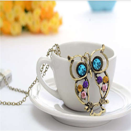 ANTIQUE BRONZE BIG EYE OWL SWEATER CHAIN NECKLACE