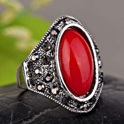 BOHEMIAN RETRO RED SILVER PLATED INDIAN STYLE RING SIZE 8