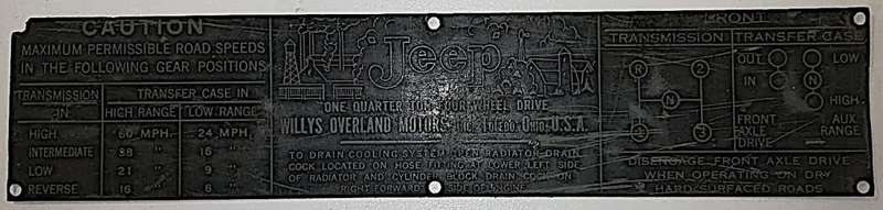 Genuine Original Jeep Transmission Dashboard Data Plate c1946 - 1964 - for CJ-2A, CJ-3A, CJ-3B