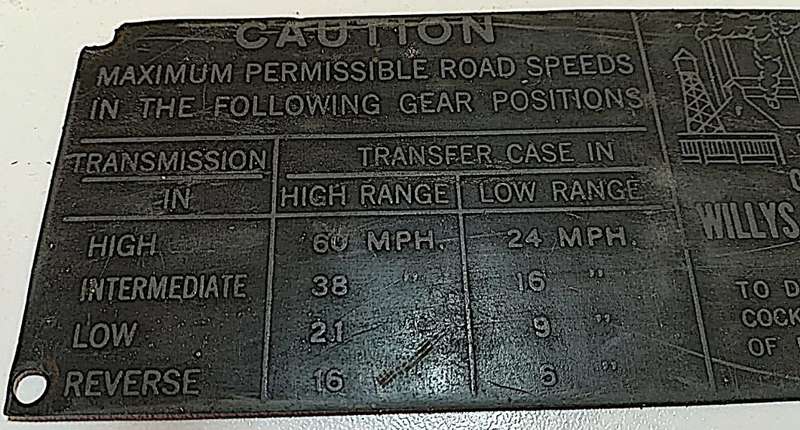 Genuine Original Jeep Transmission Dashboard Data Plate c1946 - 1964 - for CJ-2A, CJ-3A, CJ-3B