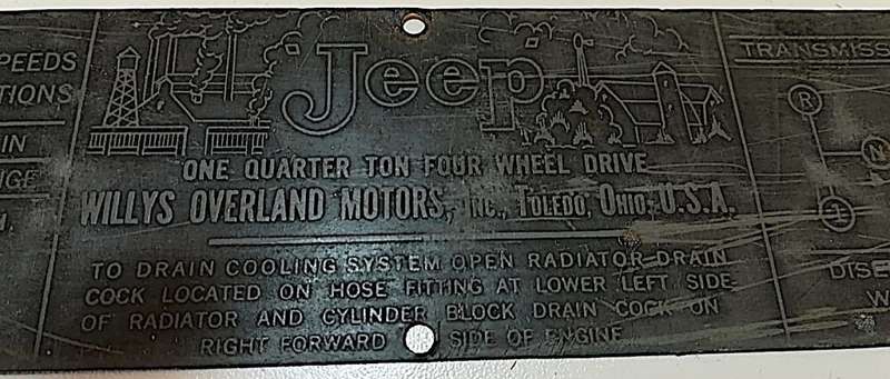 Genuine Original Jeep Transmission Dashboard Data Plate c1946 - 1964 - for CJ-2A, CJ-3A, CJ-3B