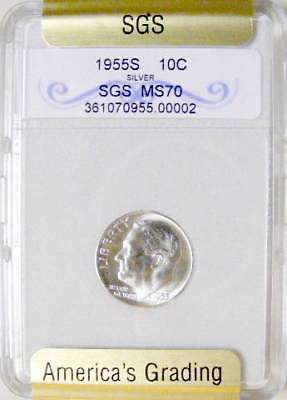MS70 1955 S SILVER ROOSEVELT GEM BU BRILLIANT UNCIRCULATED SLABBED