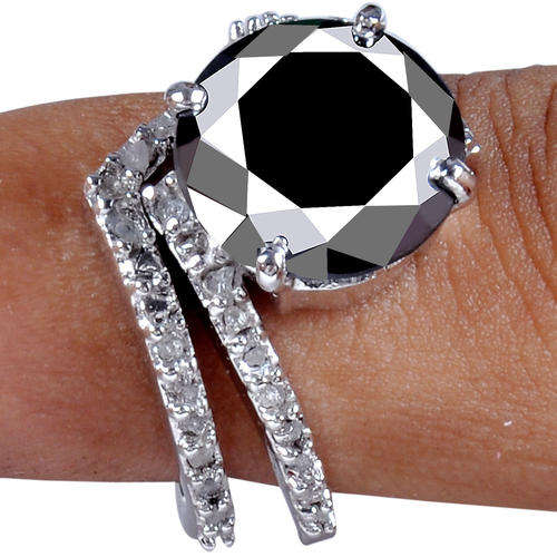 SOLID 925 SILVER -6.31CT BLACK DIAMOND (MOISSANITE) WITH 100% UNCUT DIAMONDS! RING +BAND