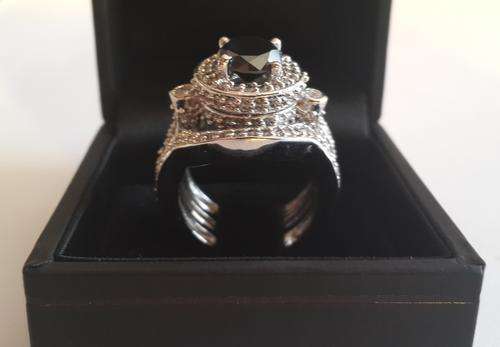 3 PIECE :Amazing! SOLID SILVER 1.50ct Centre BLK Moissanite + 1.36ct x Cr Diamonds - HEAVY RING