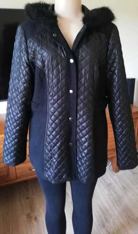 Melton black Coat with Quilt detailing and fur trim hood