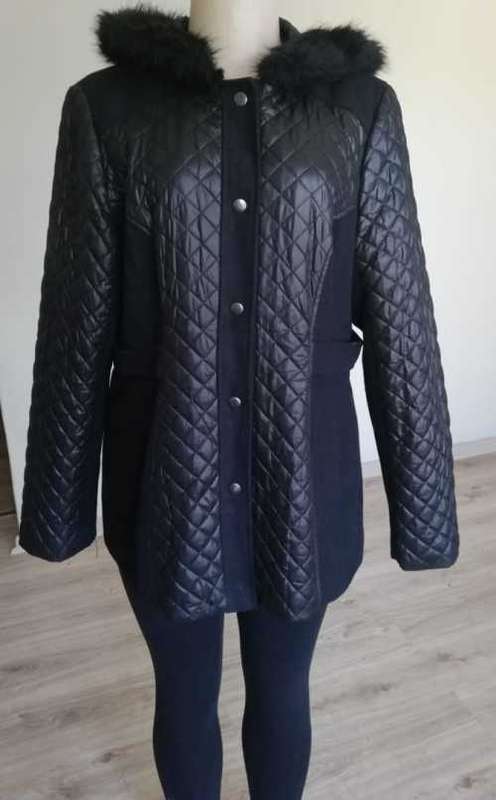 Melton black Coat with Quilt detailing and fur trim hood