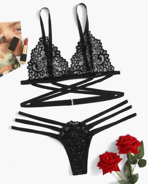 Criss Cross cut - out lingerie set Black