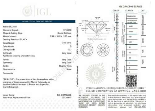 CHEAPERDEALS - **CERTIFIED** 0.85 INVESTMENT DIAMOND - G - SI3