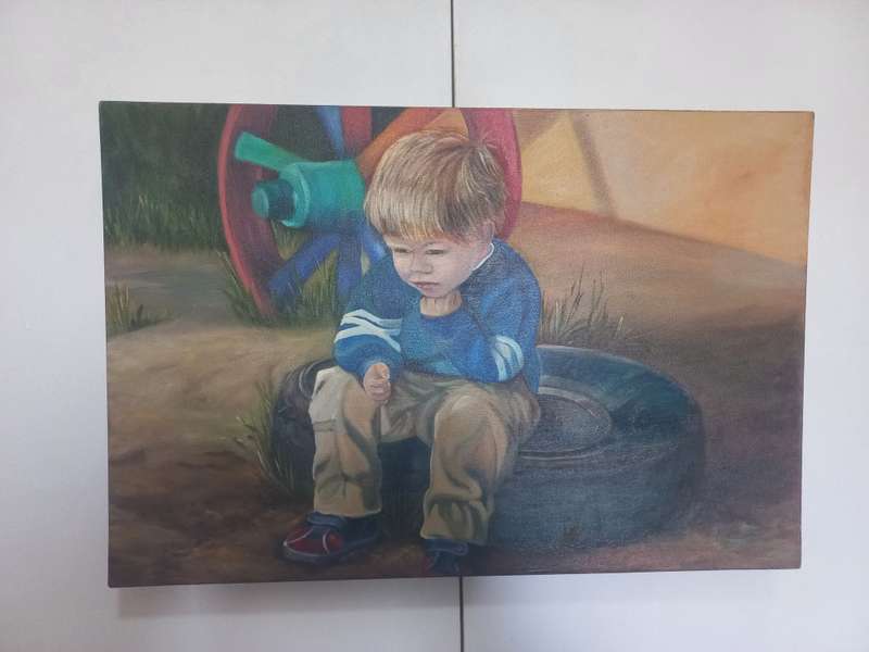 Original Painting of a Young Boy Day Dreaming Will Be Sitting On an Old Car Tyre.