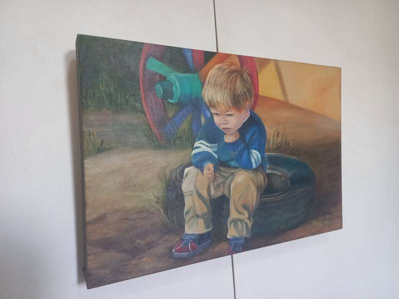 Original Painting of a Young Boy Day Dreaming Will Be Sitting On an Old Car Tyre.