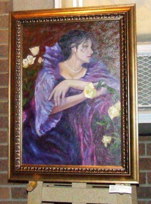 Original Framed Painting of a Woman in purple holding a rose.