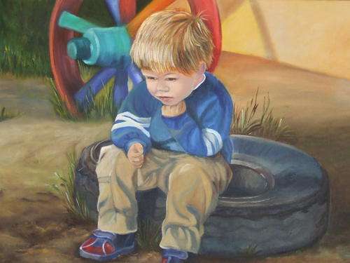 Original Painting of a Young Boy Day Dreaming Will Be Sitting On an Old Car Tyre.