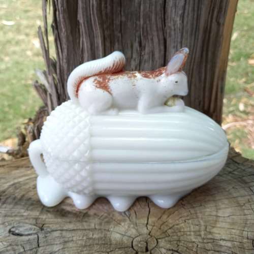 Vintage Milk glass Acorn squirrel dish