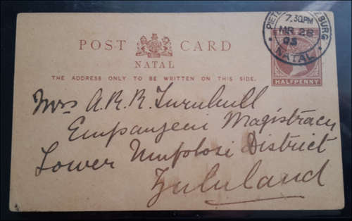***SUPERB NATAL POST CARD ADDRESSED TO ZULULAND - A GREAT PIECE OF POSTAL HISTORY***