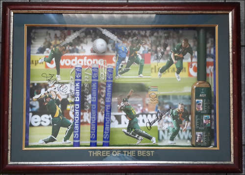 ***FRAMED 1MX700mm* SIGNED BY 3 LEGENDS OF CRICKET - KALLIS , KLUSENER, POLLOCK - FANTASTIC PIECE***