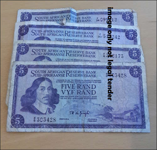 ***BULKLOT - 4 OLD SOUTH AFRICAN R5 NOTES (SERIAL , F6, F34, F301 & X8) ALL 4 NOTES FOR ONE BID***