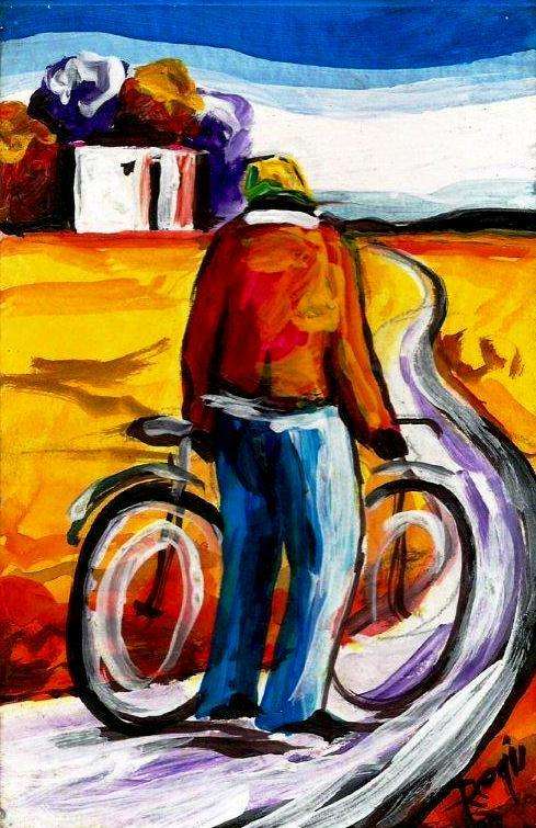 Beautiful miniature acrylic painting by artist Regis Manja titled- Tired after work (Check size)