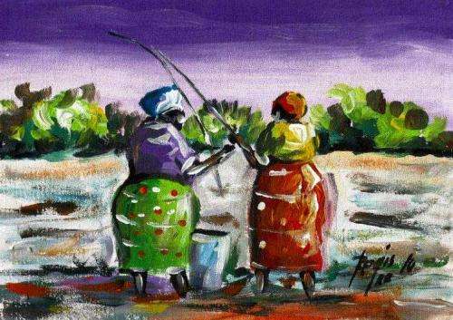 Beautifu acrylic painting by artist Regis Manje titled- Fishing scene