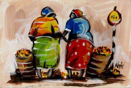 Beautifu acrylic painting by artist Regis Manje titled Selling fruit