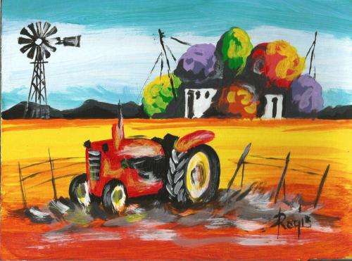 Beautiful acrylic painting by artist Regis Manje titled Winter Farm