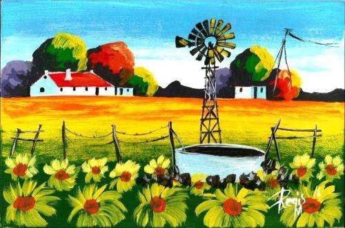 Beautiful acrylic painting by Regis Manje titled Morgenzon farm