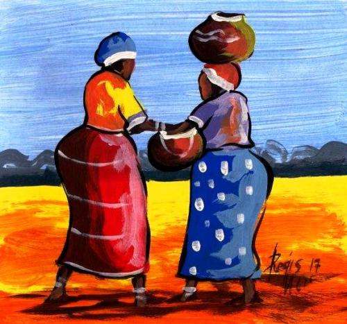 Beautiful acrylic painting by artist Regis Manje titled Preparing food