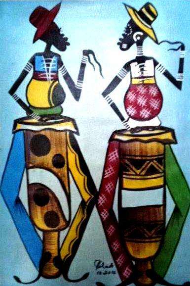 Magnificent larger painting by Rodrick Chadehumbe titled Tribal drums II