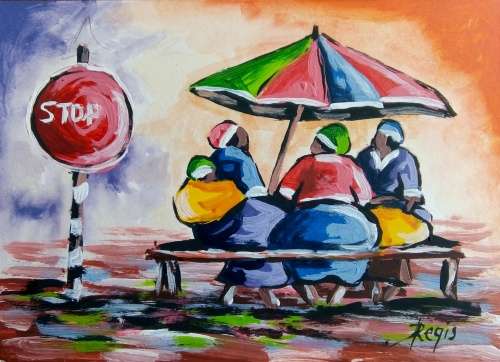 Beautiful painting by Regis Manje titled Friends Gossiping