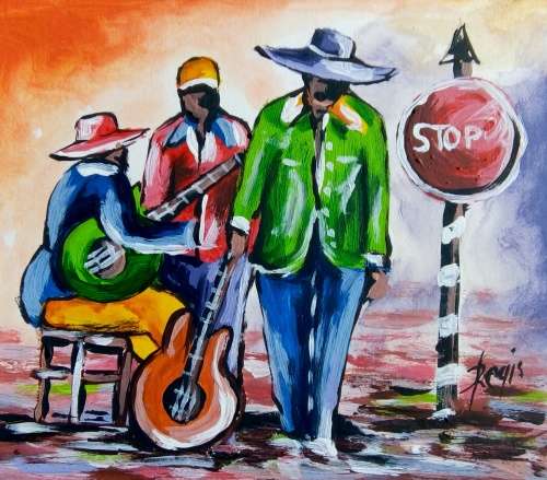 Beautiful painting by Regis Manje titled Waiting for the show