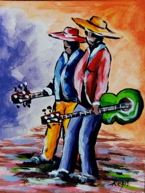 Beautiful painting by Regis Manje titled Musicians going home