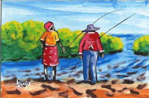 Beautiful acrylic painting by artist Regis Manje titled Lovers Fishing