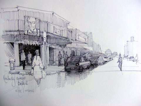 Original Mike Parsons Pen Sketch Titled  Corner of KFC Bethal