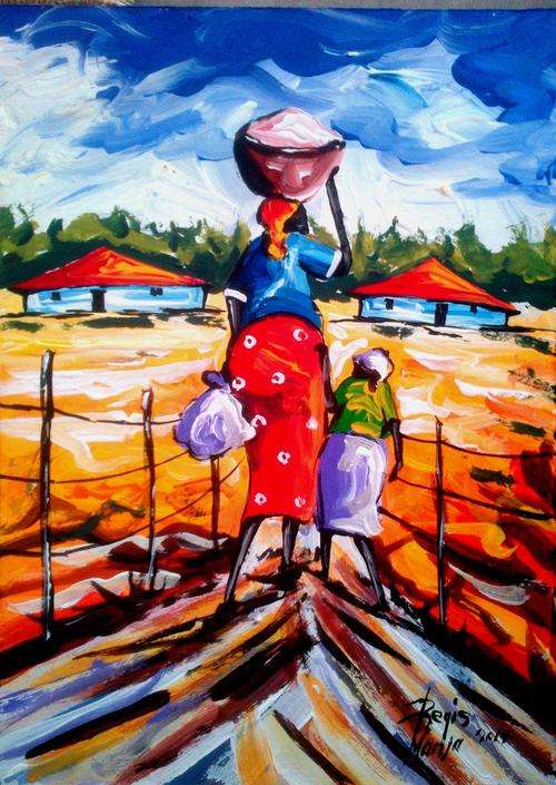 Beautiful acrylic painting by artist Regis Manja titled- Doing the washing