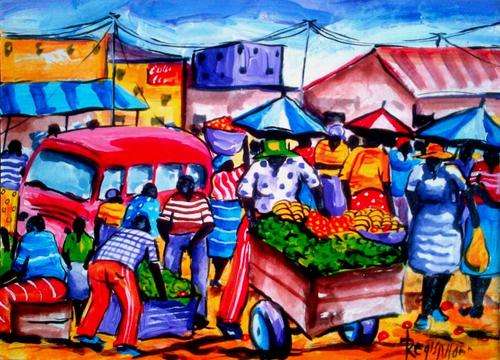 Beautiful acrylic painting by artist Regis Manja titled- Busy Market II