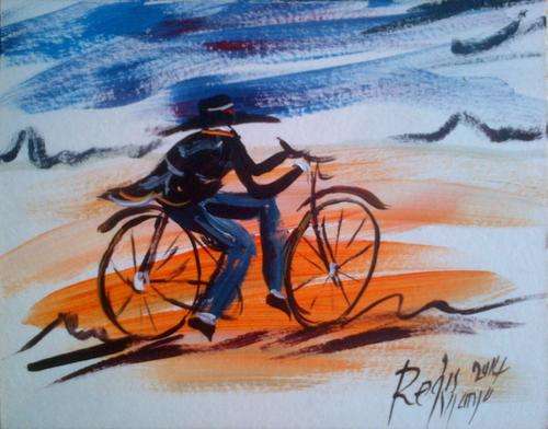 Beautiful acrylic painting by artist Regis Manja titled- The Cycler I  Free Shipping!!!