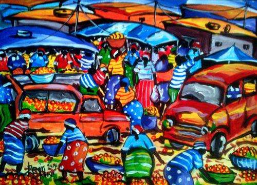 Beautiful acrylic painting by artist Regis Manja titled- Busy Market III