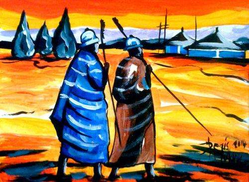 Beautiful acrylic painting by artist Regis Manja titled- Sotho friends