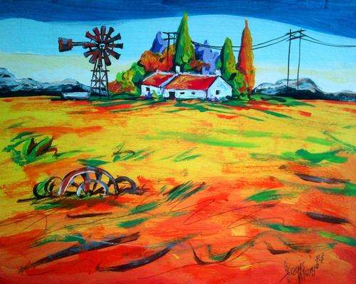 Beautiful acrylic painting by artist Regis Manja titled- Farm Cottages III