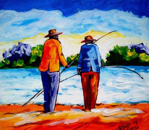 Beautiful acrylic painting by artist Regis Manja titled- Sunday Afternoon Fishing
