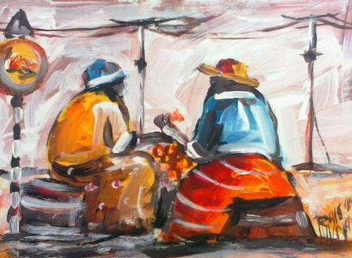 Beautiful acrylic painting by artist Regis Manja titled- Roadside Vendors