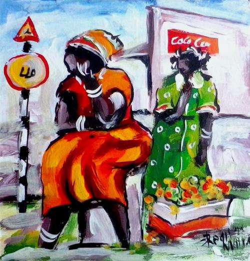 Beautiful acrylic painting by artist Regis Manja titled- Roadside Vendors VII