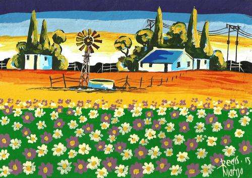 Beautiful acrylic painting by artist Regis Manja titled- Farm Landscape