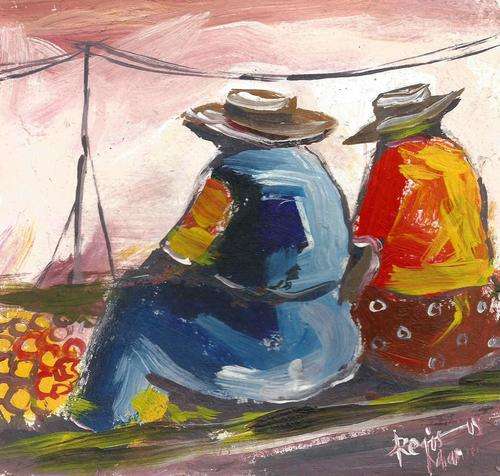 Beautiful acrylic painting by artist Regis Manja titled- Lovers in the Market